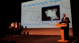 From left to right: Chris and Marion Grigsby prepare to present the first Michael Grigsby Awards as AFU director Jeremy Taylor announces the winners
